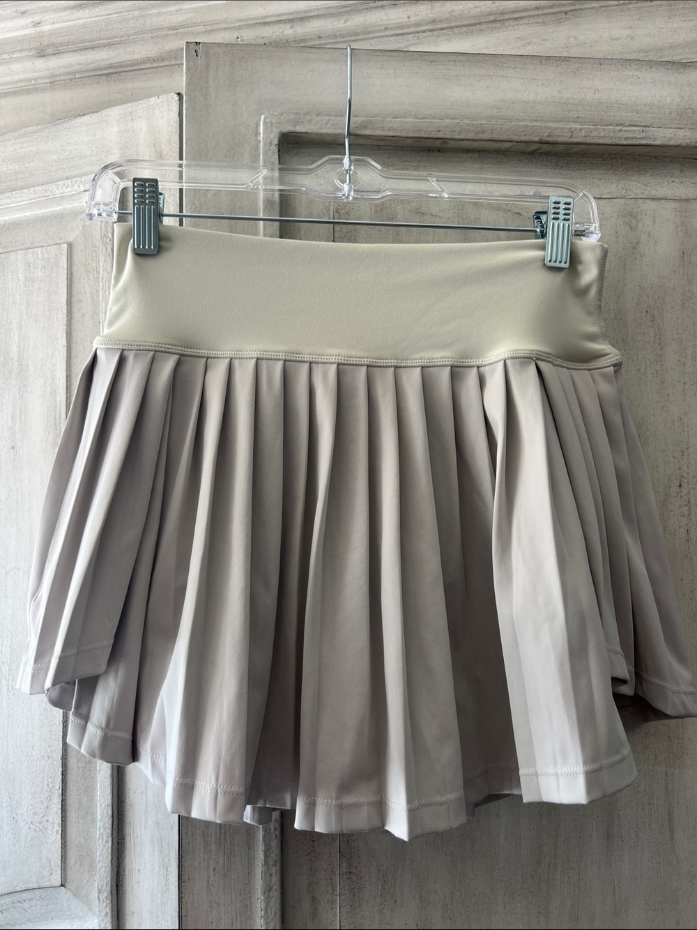 High-Waist Pleated Skater Skirt in Light Taupe
